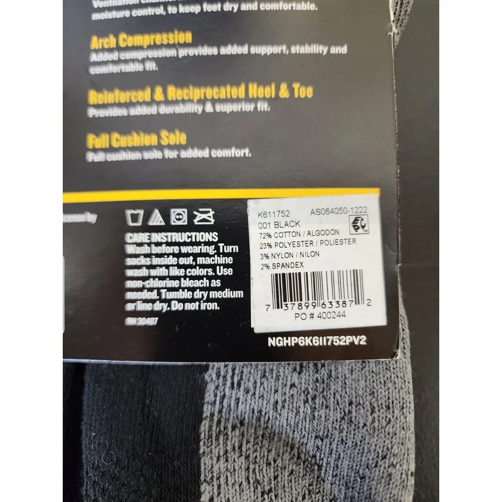 Dickies Size 12-15 Big and Tall Mens Dri Tech Crew Work Cushion Socks 6 Pairs